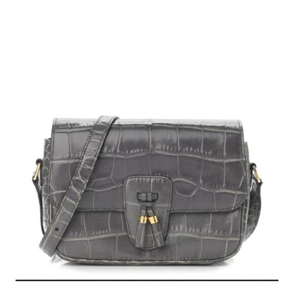 Authentic Celine Women Gray Anthracite Croc Embossed Leather Tassel Handbag